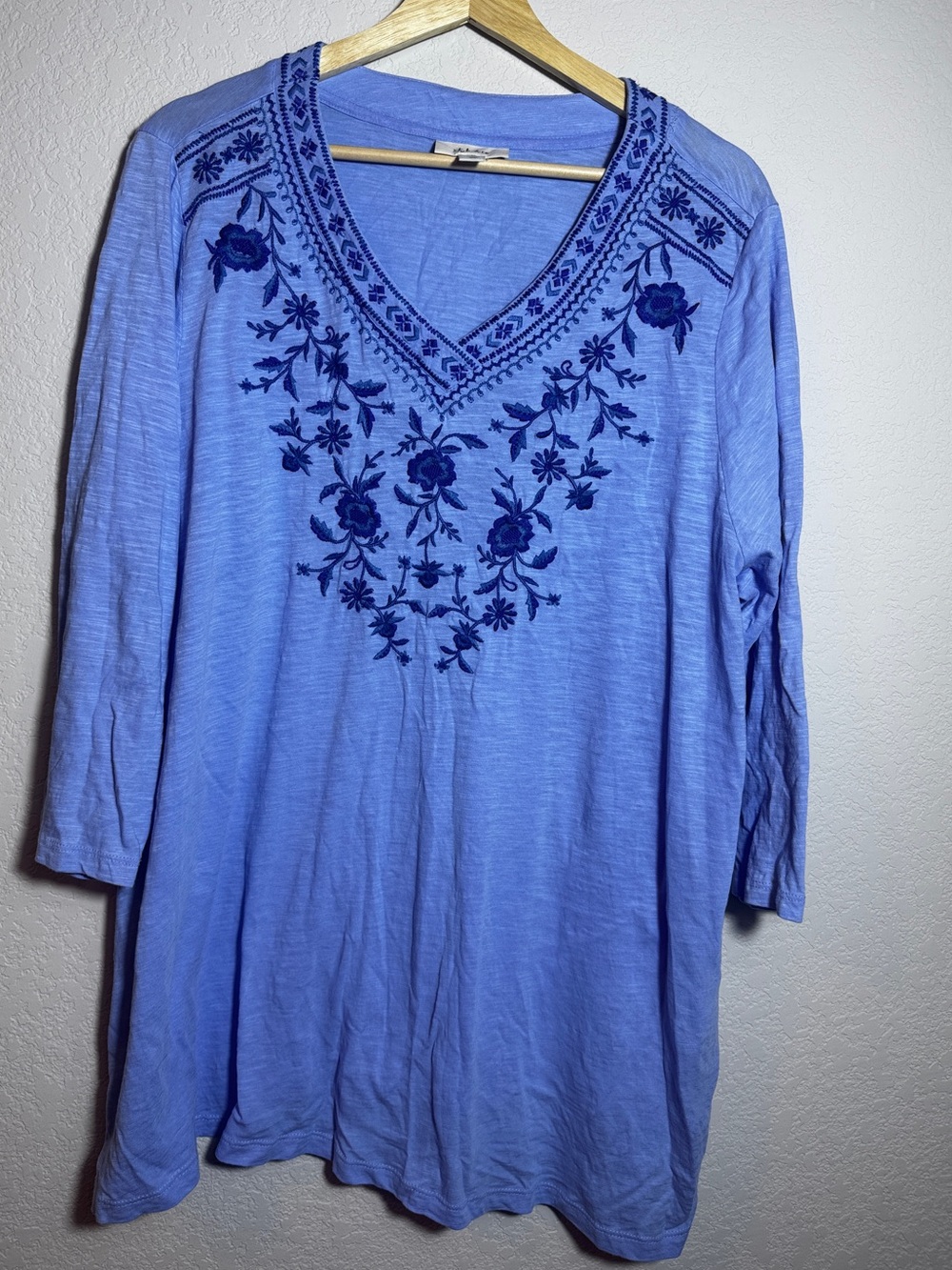 Style & Co Tunic Top Womens 1X Blue Floral Embroidered Boho V Neck 3/4 Sleeve